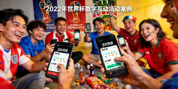 2022年世界杯数字互动活动案例 - 球迷在手机上参与实时预测游戏的热闹场景